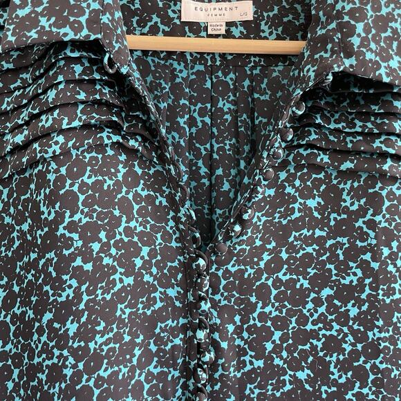 Equipment Leema floral-printed washed-silk shirt in teal blue and black Size L - Picture 4 of 4